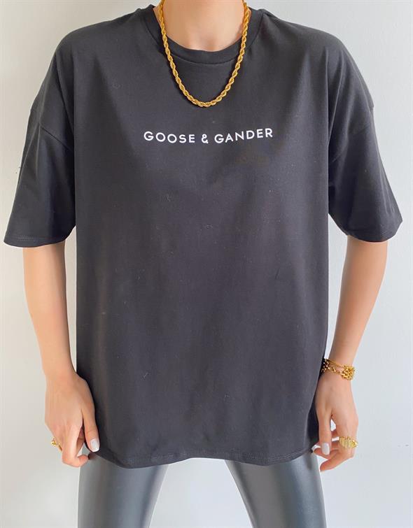 Siyah Goose Gander Yazılı Tişört