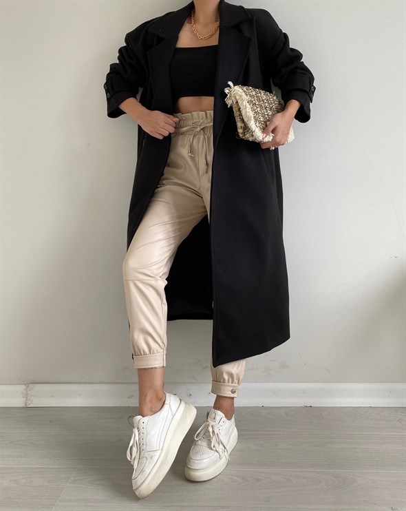 Siyah Kruvaze Yaka Oversize Kaban