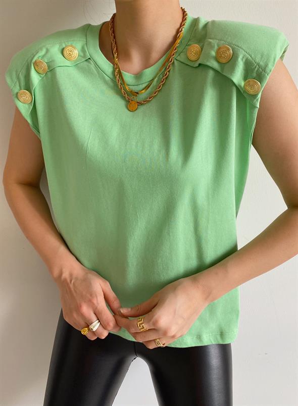 Su Yeşili Vatkalı Gold Düğmeli Tişört