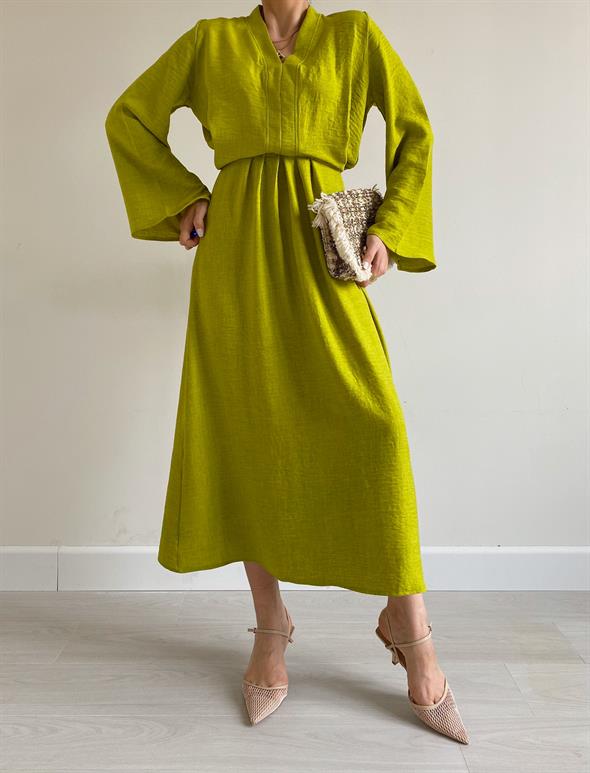 Yağ Yeşili  Kemer Detaylı Elbise