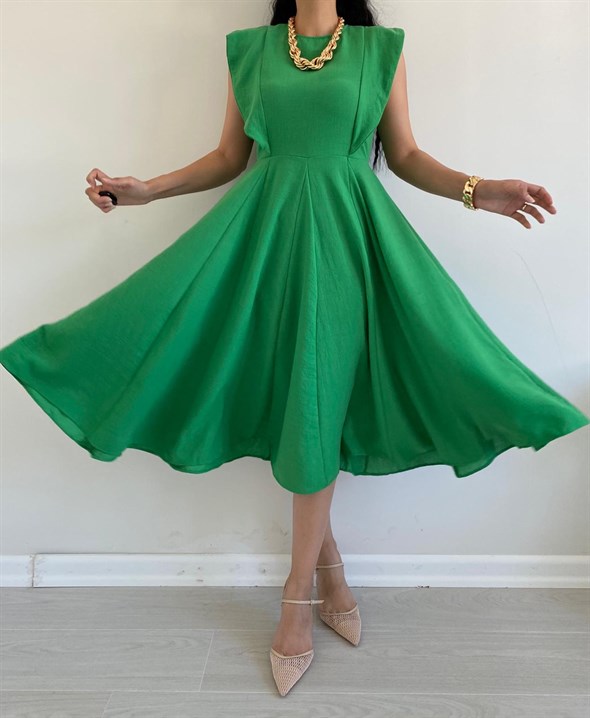 Yeşil  Eteği Volanlı Mabel Elbise