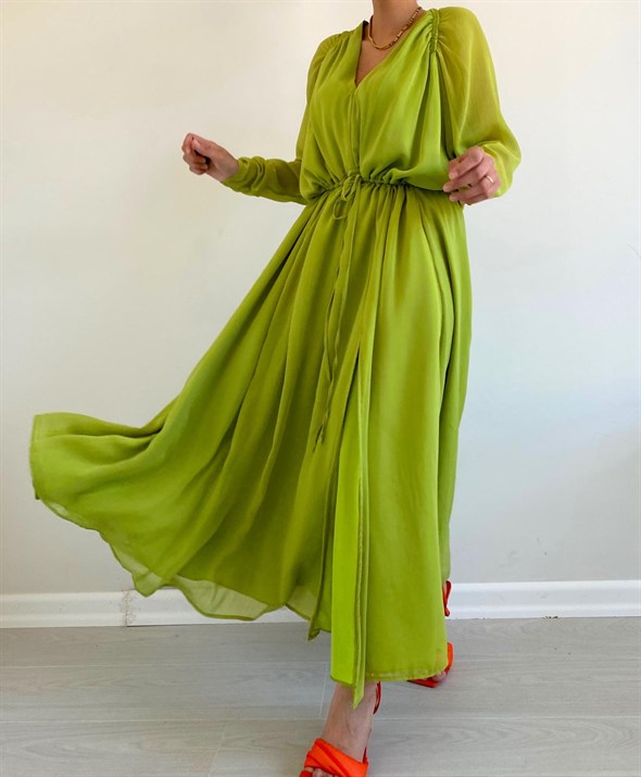 Yeşil Yarasa Kol Şifon Elbise