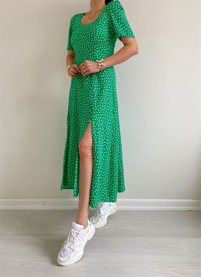 Yeşil Beyaz Puantiyeli Mila Elbise