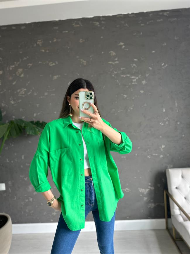 Yeşil Oversize Lena Keten Gömlek