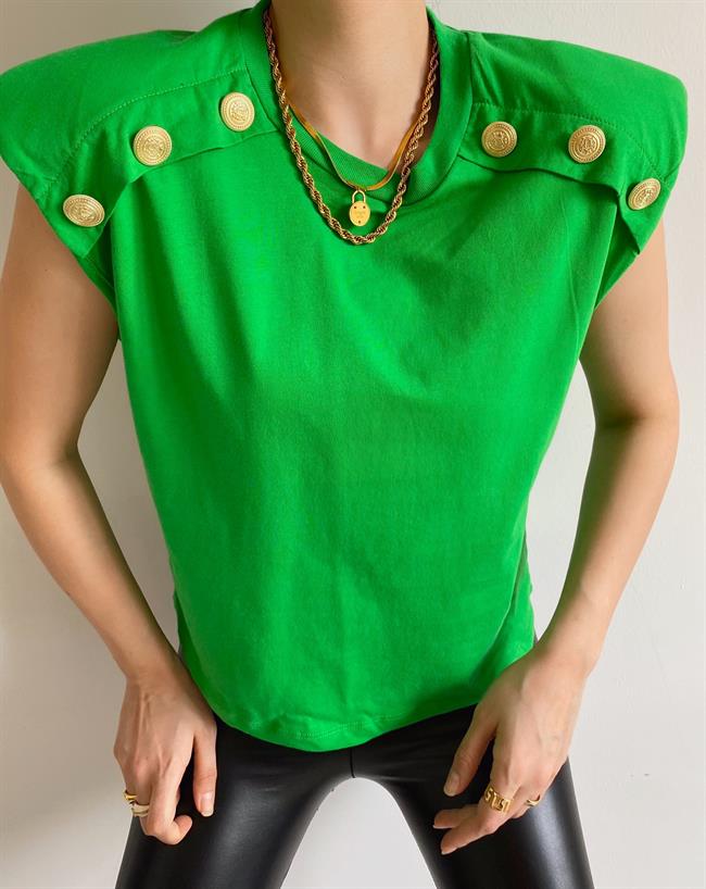 Yeşil Vatkalı Gold Düğmeli Tişört
