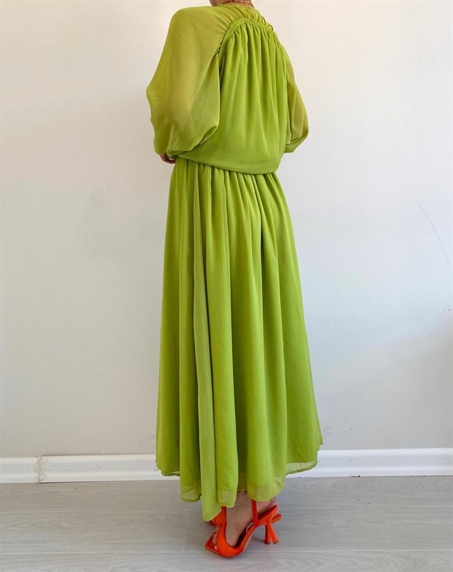 Yeşil Yarasa Kol Şifon Elbise