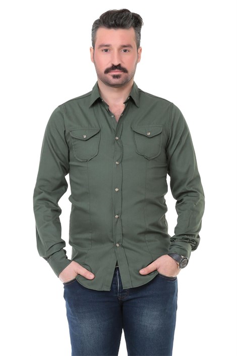 Buenza Mrk Duz Kapaklı Cep Slim Fit Uzun Kol Gömlek - Yeşil