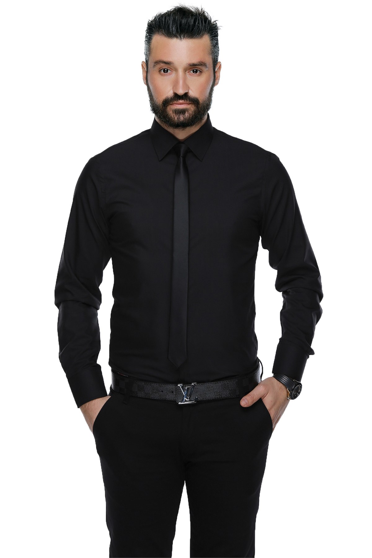 Buenza Düz Renk Dar Kesim Yeni Erkek Gömlek-Siyah