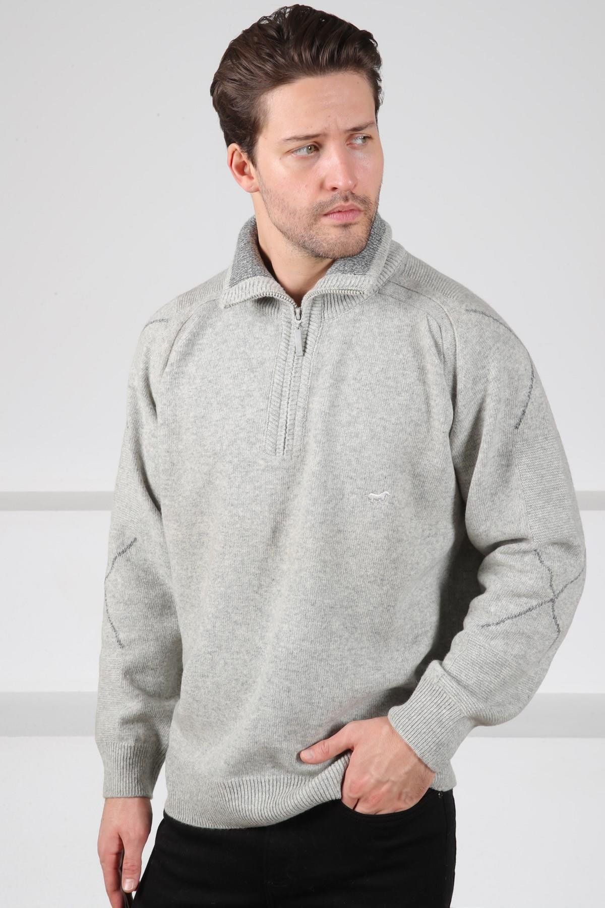 Ferraro A.Gri Balıkçı Yaka Fermuarlı Önü Düz Kolları Çizgi Detaylı Uzun Kollu %100 Kuzu Yünü Erkek Triko Kazak