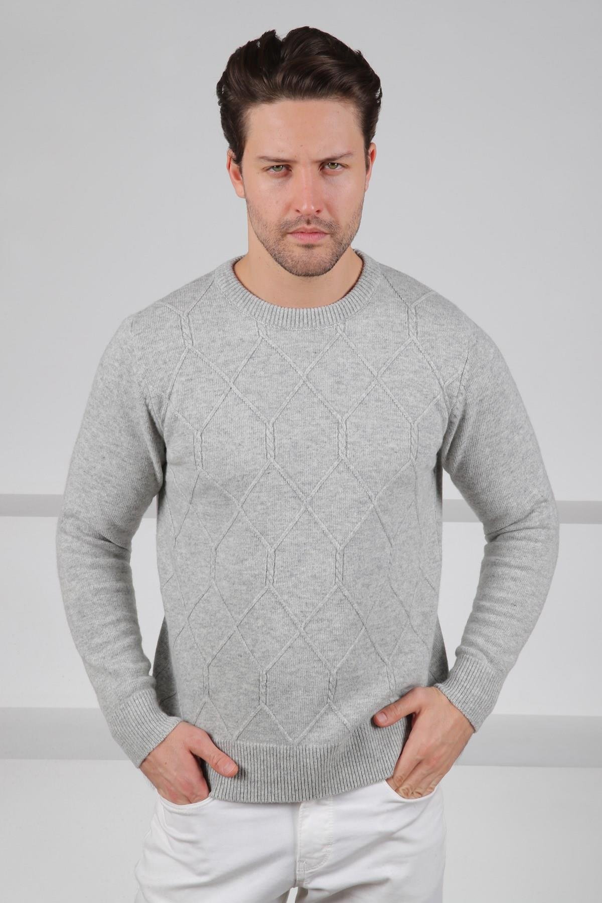 Ferraro A.Gri Bisiklet Yaka Kabartmalı Petek Desenli Uzun Kollu %100 Kuzu Yünü Erkek Triko Kazak