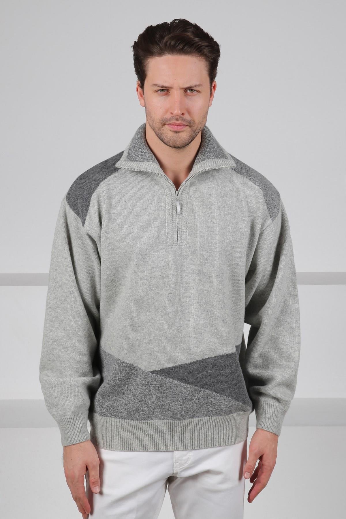 Ferraro A.Gri Balıkçı Yaka Fermuarlı OmuzLarı Renkli Uzun Kollu %100 Kuzu Yünü Erkek Triko Kazak