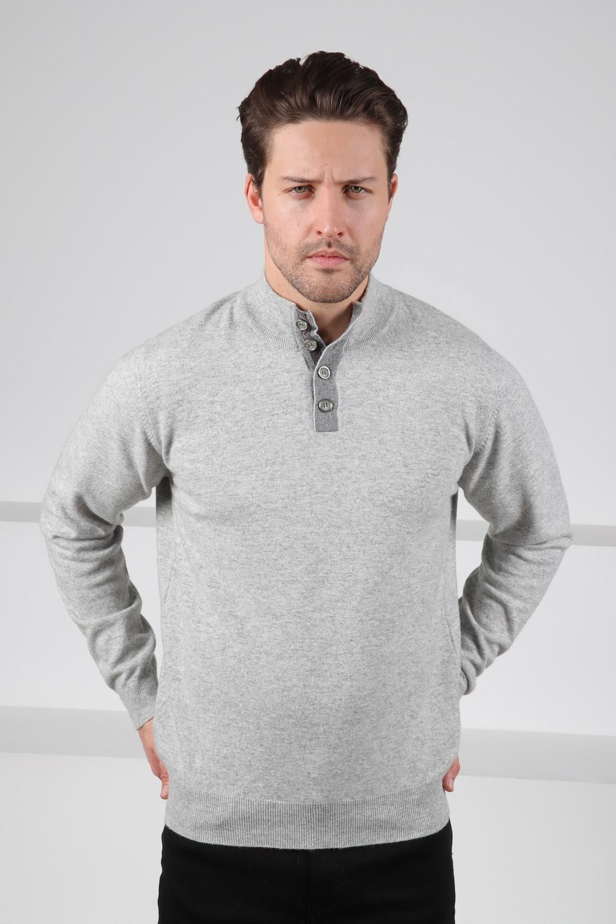 Ferraro A.Gri Düğmeli Yarım Balıkçı Yaka Uzun Kollu %100 Kuzu Yünü Erkek Triko Kazak