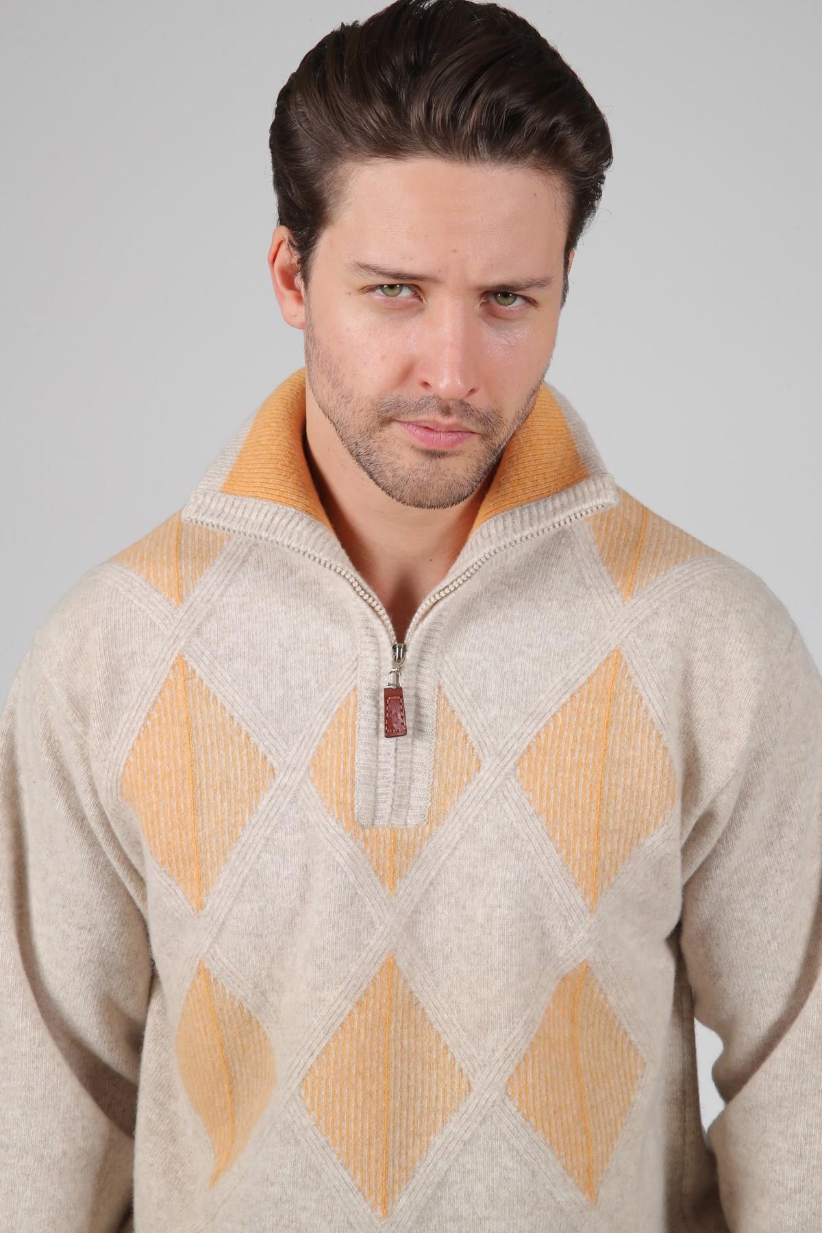 Ferraro A.Bej/Hardal Balıkçı Yaka Fermuarlı Baklava Desenli %100 Kuzu Yünü Erkek Triko Kazak