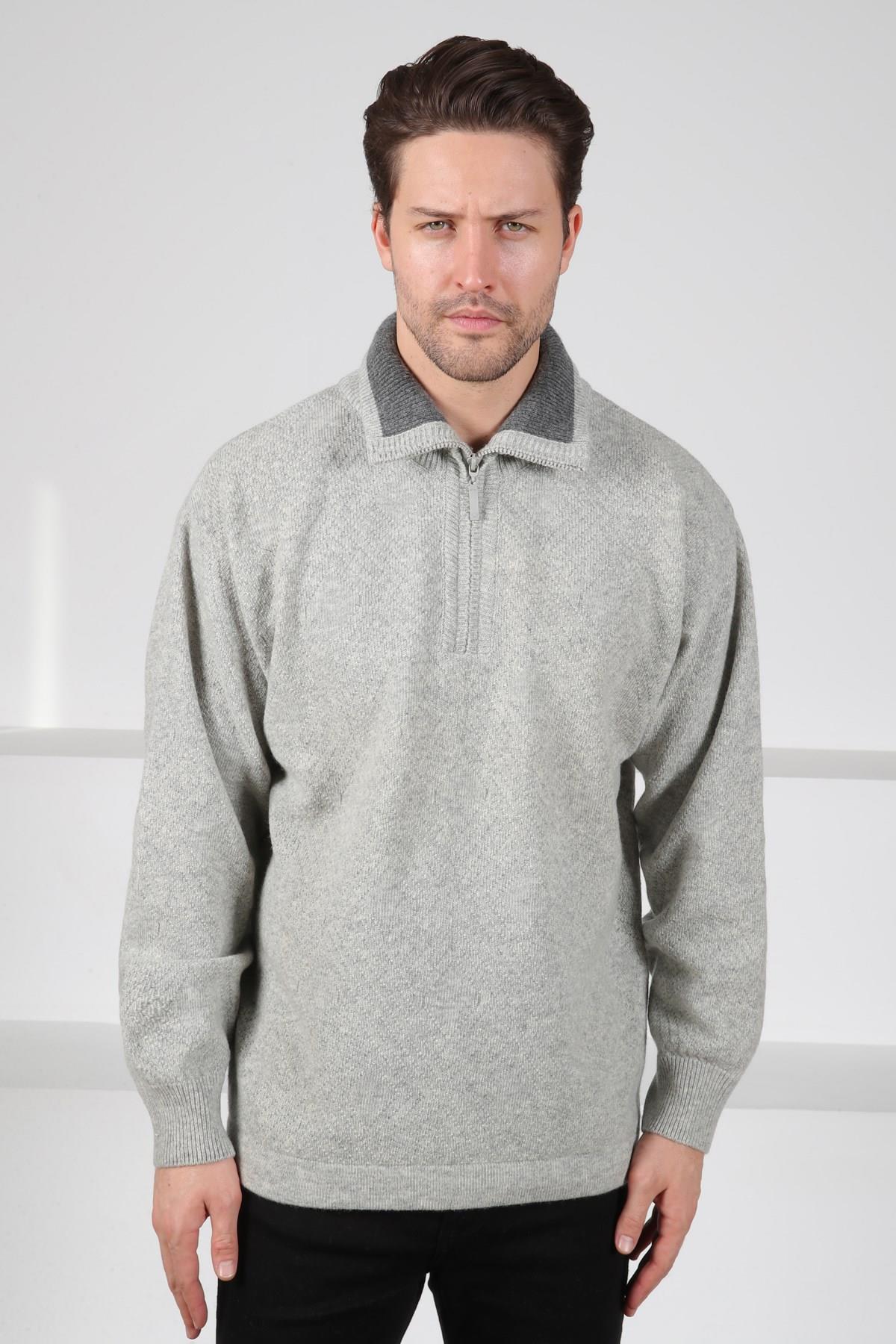 Ferraro A.Gri Balıkçı Yaka Fermuarlı Kabartma Desenli Uzun Kollu %100 Kuzu Yünü Erkek Triko Kazak