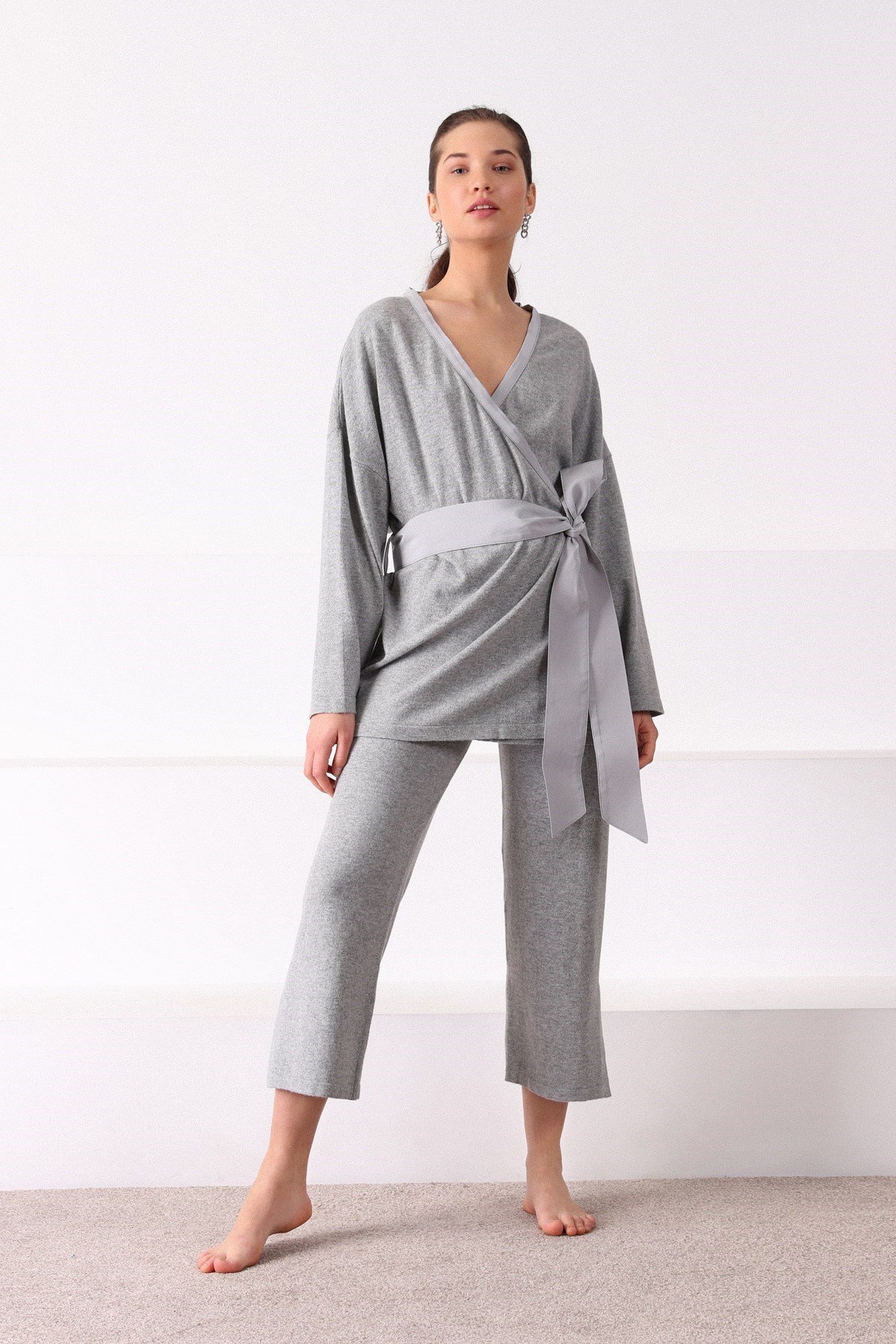 Ferraro A.Gri Yırtmaçlı Kaşmirli Kadın Triko Pantolon