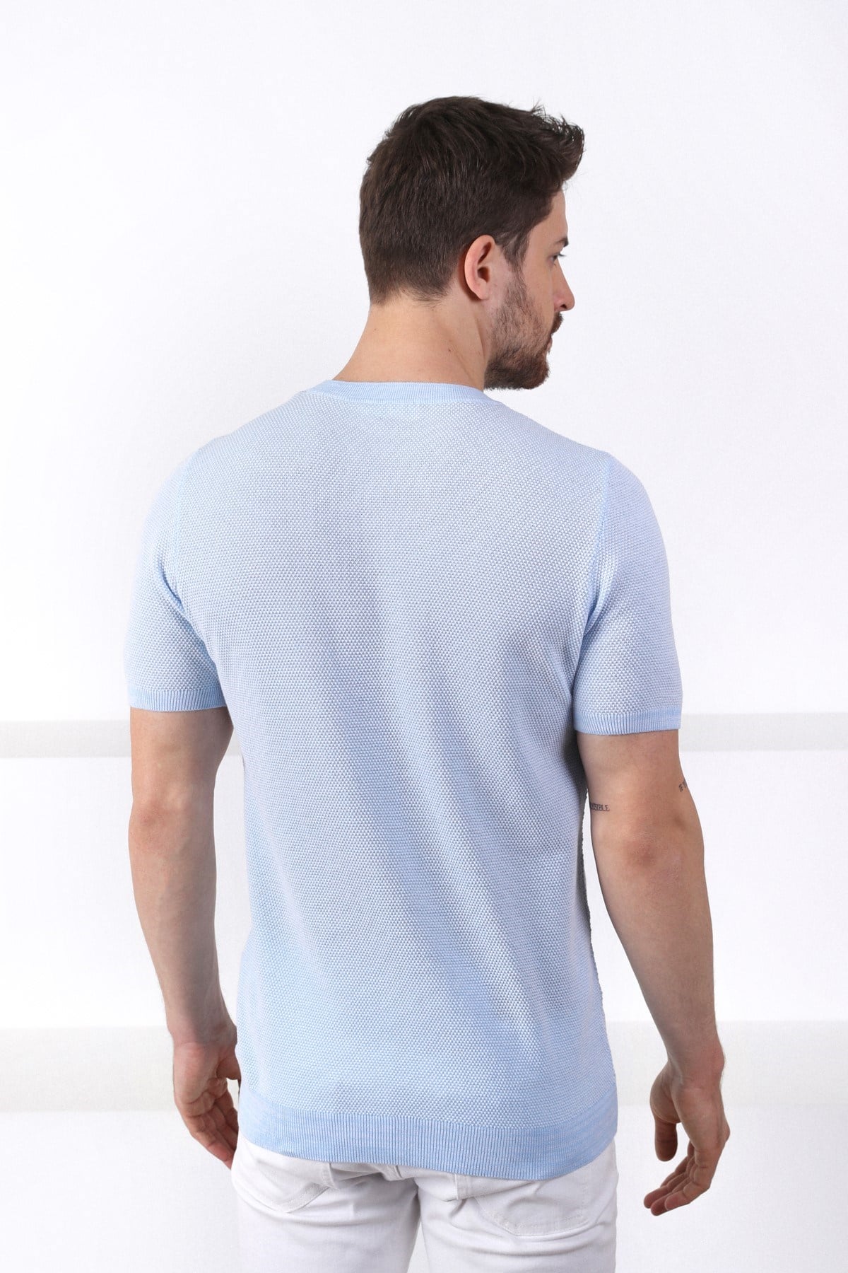 Ferraro A.Mavi/Beyaz Kuşgözü Desenli Bisiklet Yaka Erkek Triko T-Shirt