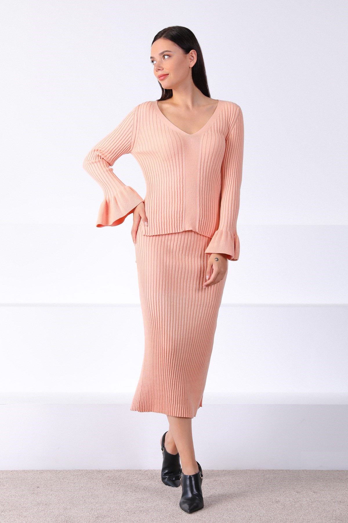 Ferraro Apricot Yırtmaçlı Kadın Triko Etek