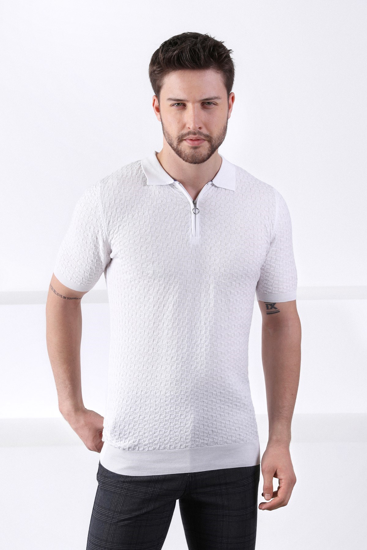 Ferraro Beyaz Polo Yaka Fermuarlı Erkek Pamuk Triko T-Shirt