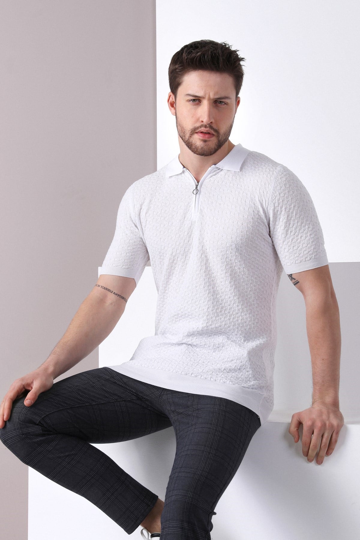 Ferraro Beyaz Polo Yaka Fermuarlı Erkek Pamuk Triko T-Shirt