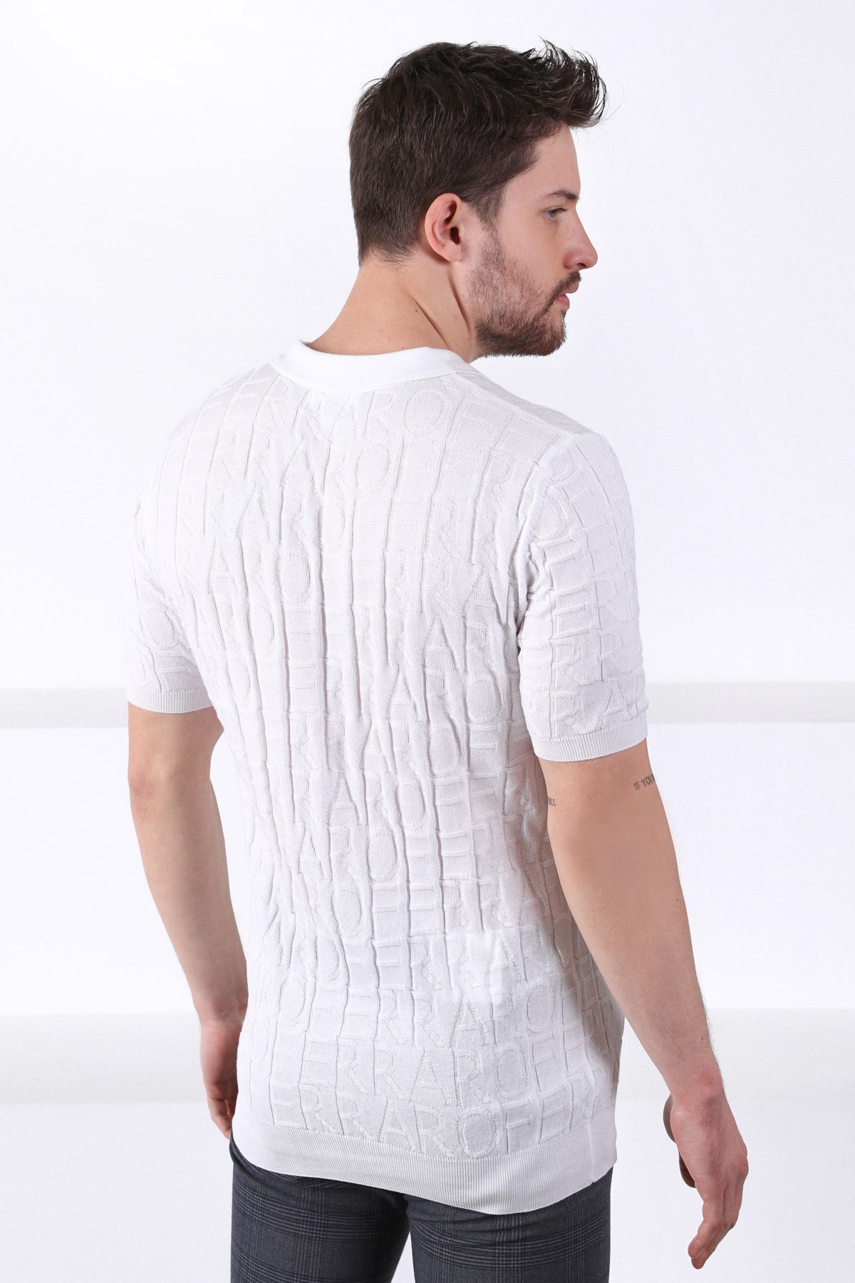 Ferraro Beyaz Polo Yaka Fermuarlı Erkek Pamuk Triko T-Shirt