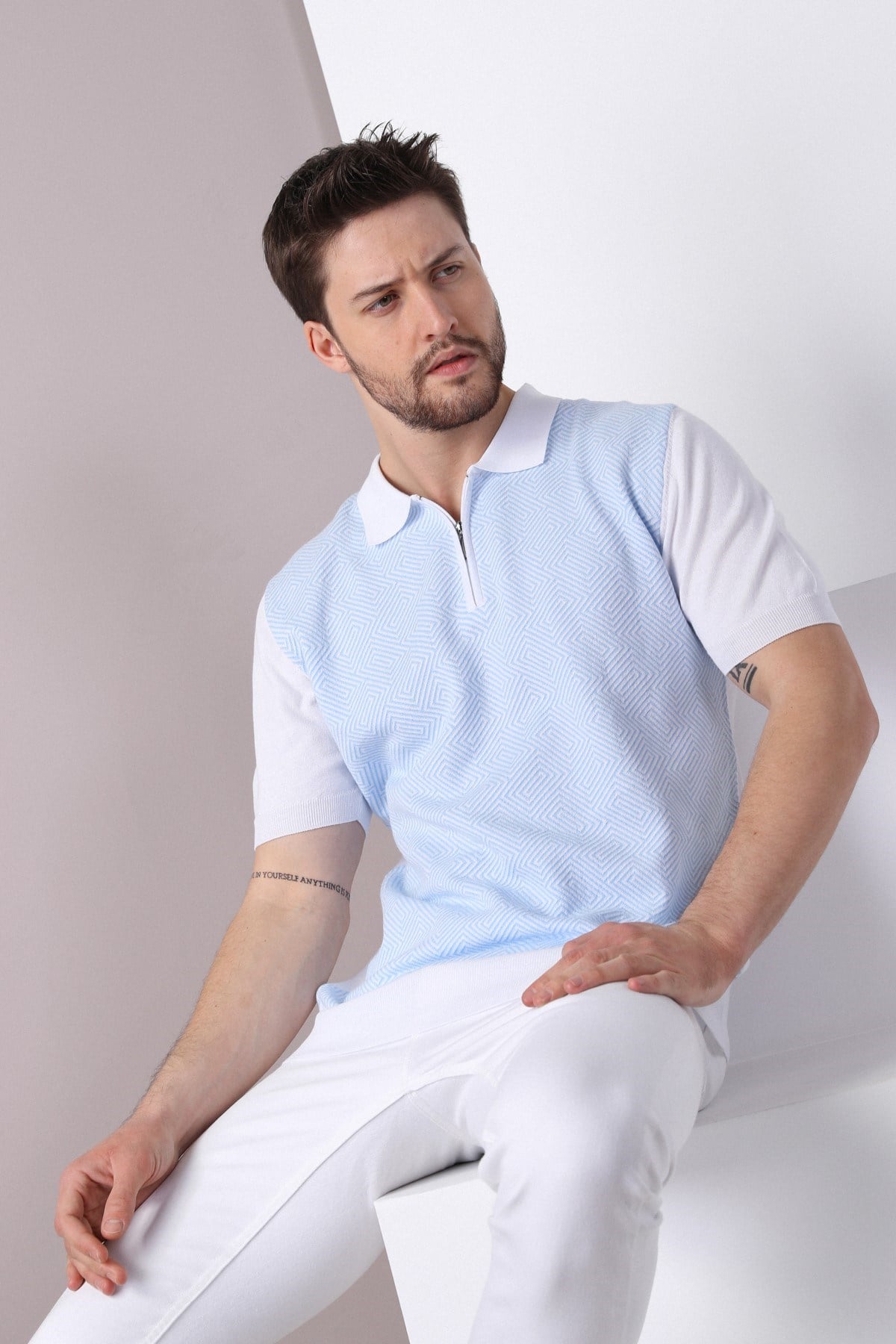 Ferraro Beyaz/A.Mavi Polo Yaka Desenli Erkek Pamuk Triko T-Shirt