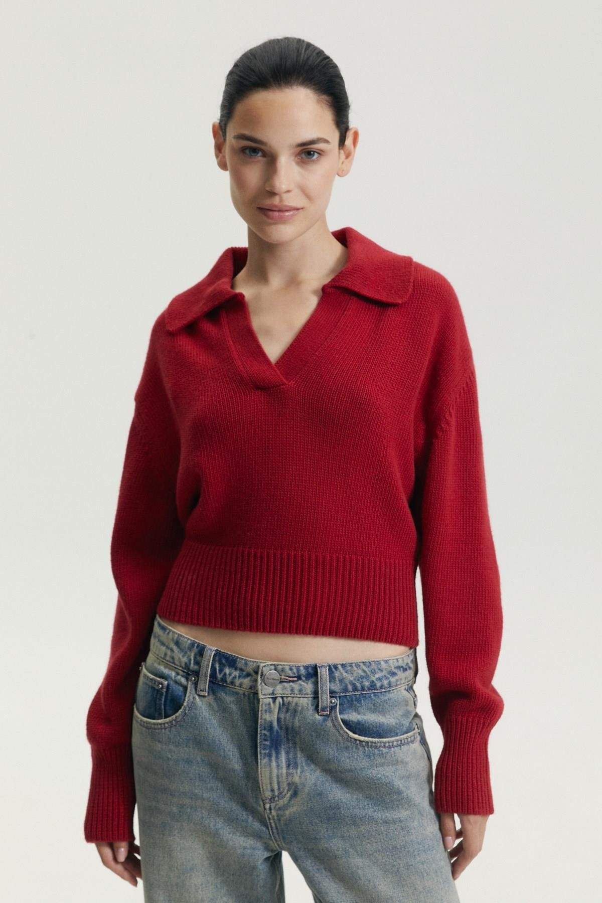 Ferraro Bordo Gömlek Yaka Kadın Triko Kazak