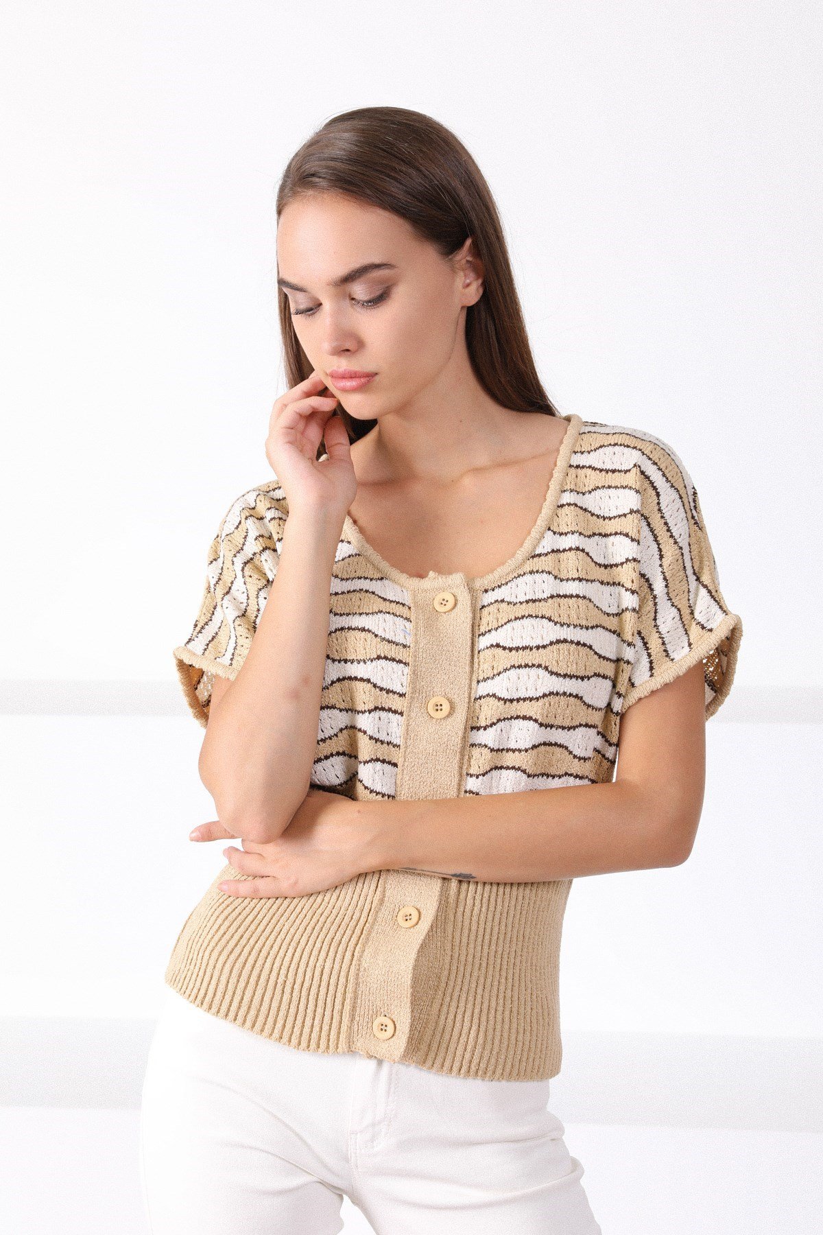 Ferraro Camel Kare Yaka Desenli Kadın Triko Kazak