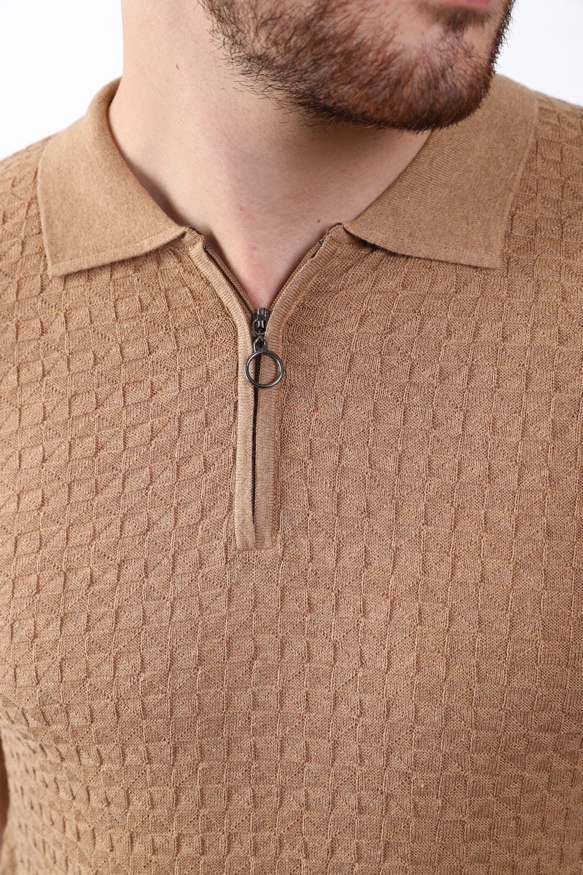 Ferraro Camel Polo Yaka Fermuarlı Erkek Pamuk Triko T-Shirt