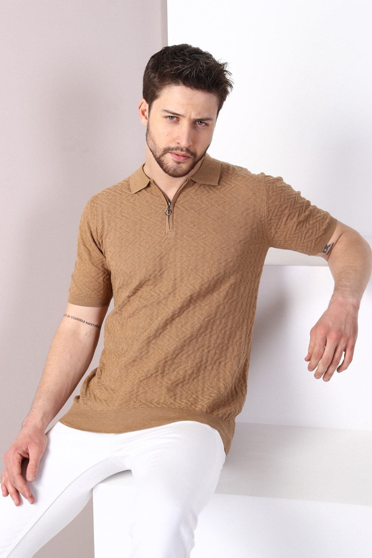Ferraro Camel Polo Yaka Fermuarlı Erkek Pamuk Triko T-Shirt