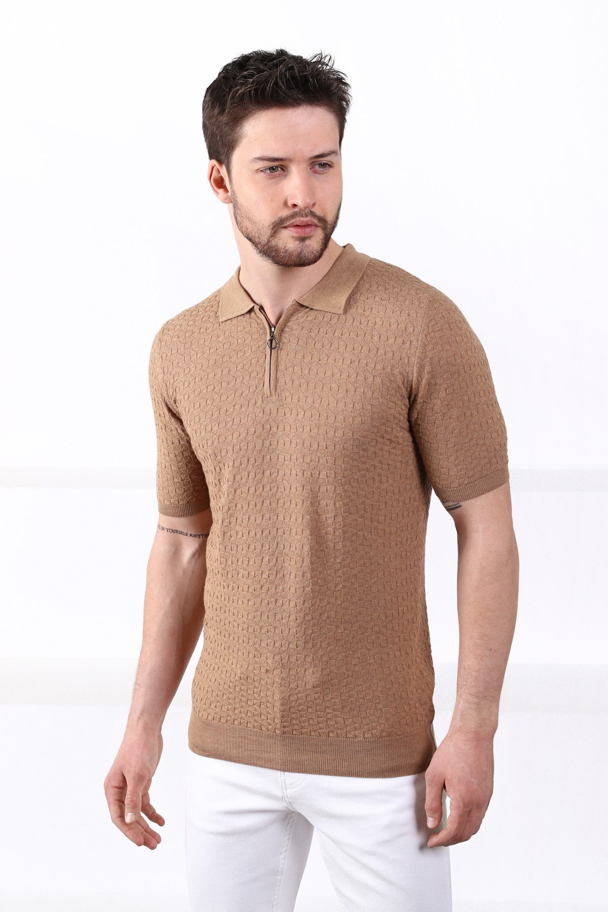 Ferraro Camel Polo Yaka Fermuarlı Erkek Pamuk Triko T-Shirt