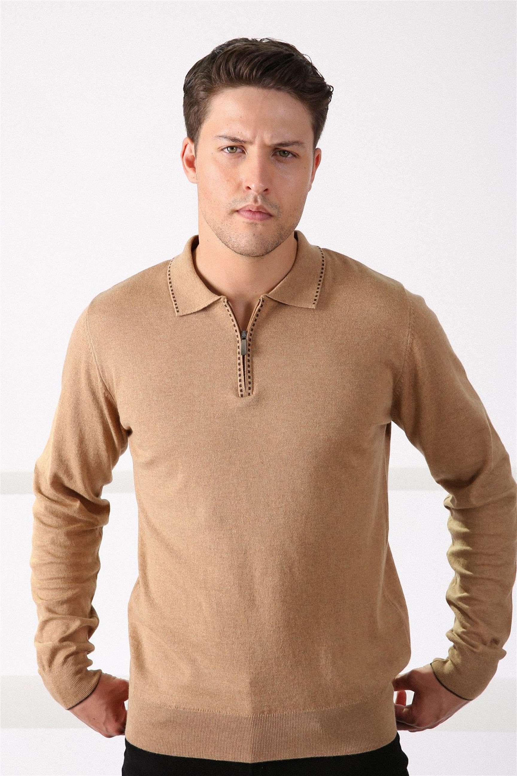 Ferraro Camel Polo Yaka Fermuarlı Erkek Pamuk Kazak