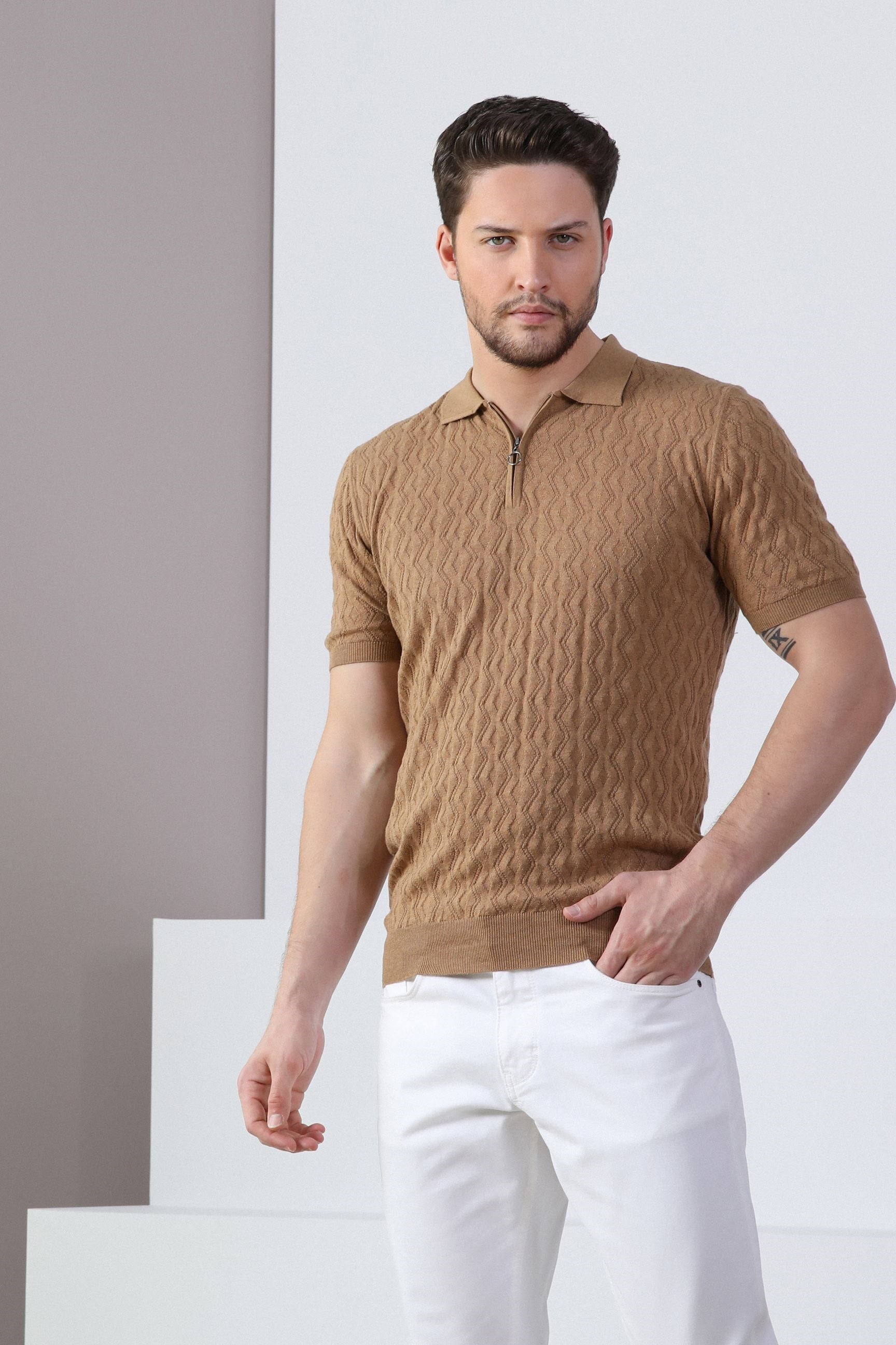 Ferraro Camel Polo Yaka Fermuarlı Erkek Pamuk Triko T-Shirt