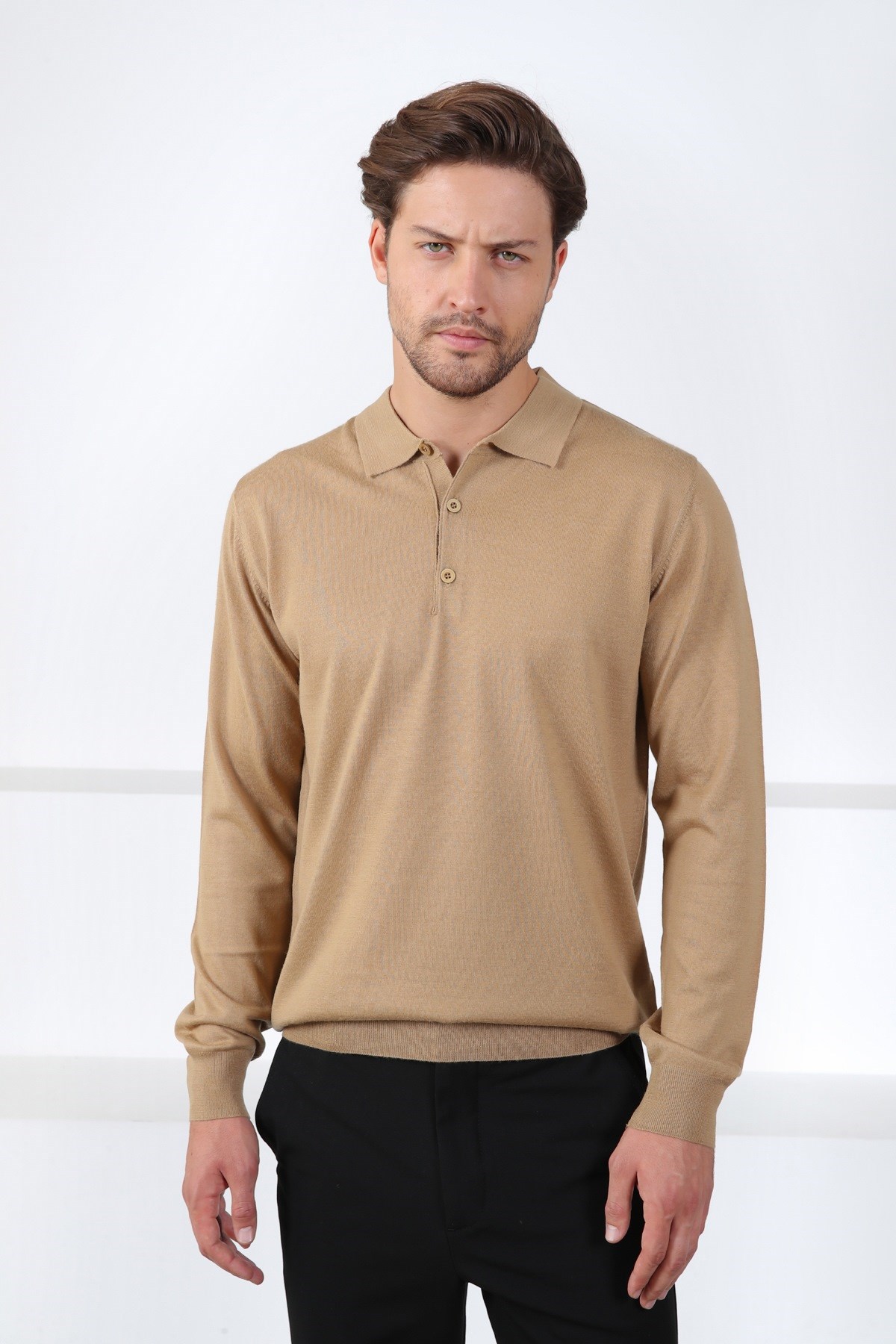 Ferraro Camel Polo Yaka Superfine Erkek Triko Kazak