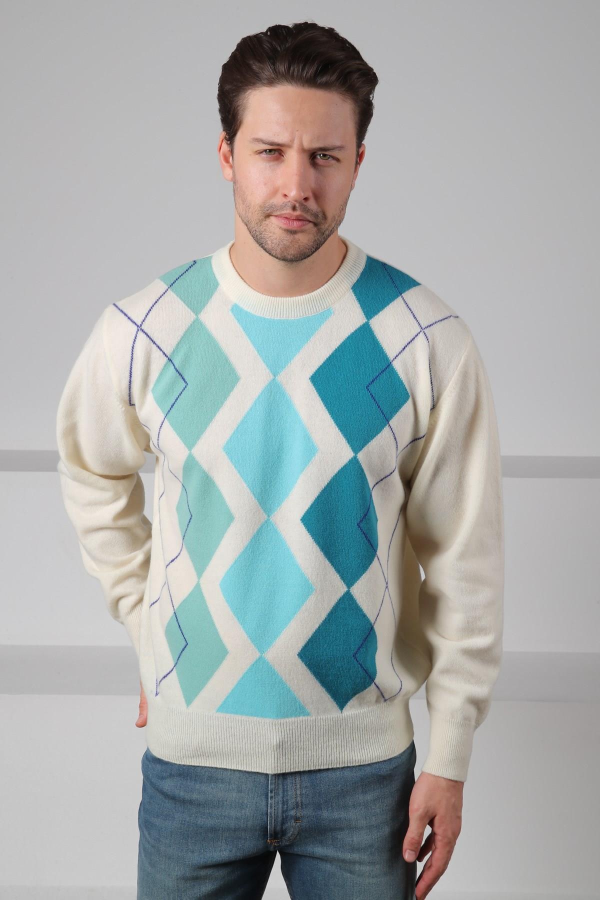 Ferraro Ekru/Turkuaz Bisiklet Yaka Çok Tonlu Baklava Desenli Uzun Kollu %100 Kuzu Yünü Erkek Triko Kazak