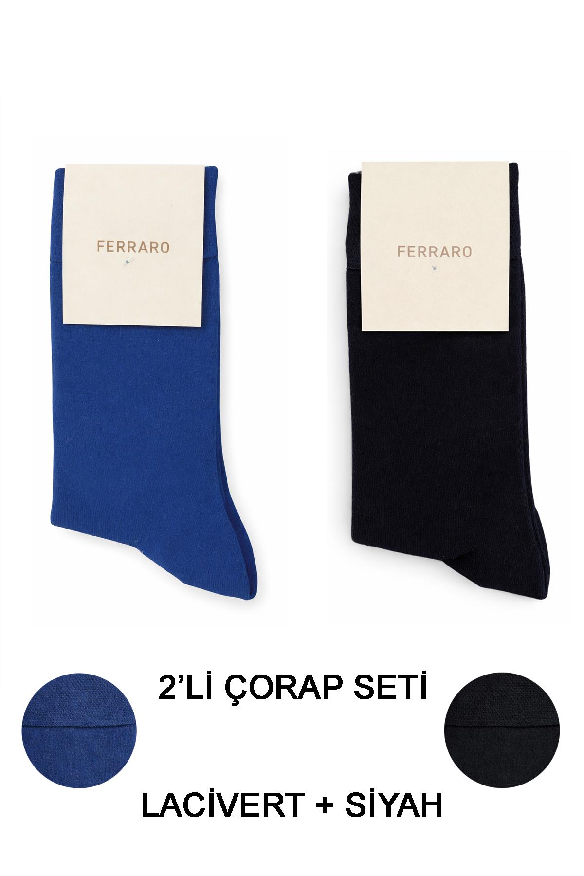 Ferraro Erkek Bambu Çorap 2'li Set Lacivert Siyah Nefes Alan Yumuşak Klasik Uzun Çorap