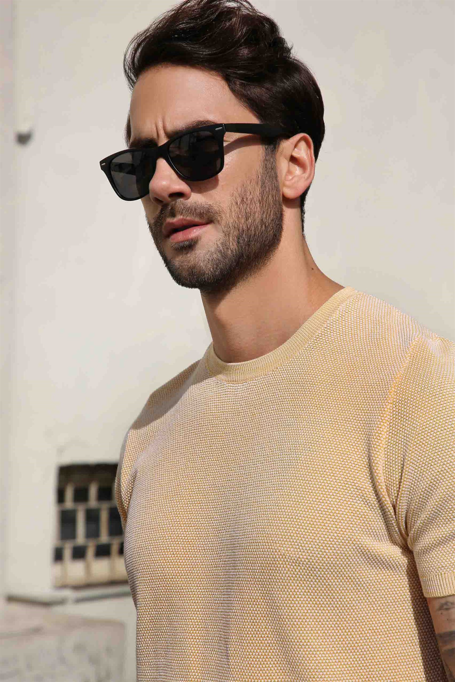 Ferraro Hardal/Beyaz Kuşgözü Desenli Bisiklet Yaka Erkek Triko T-Shirt