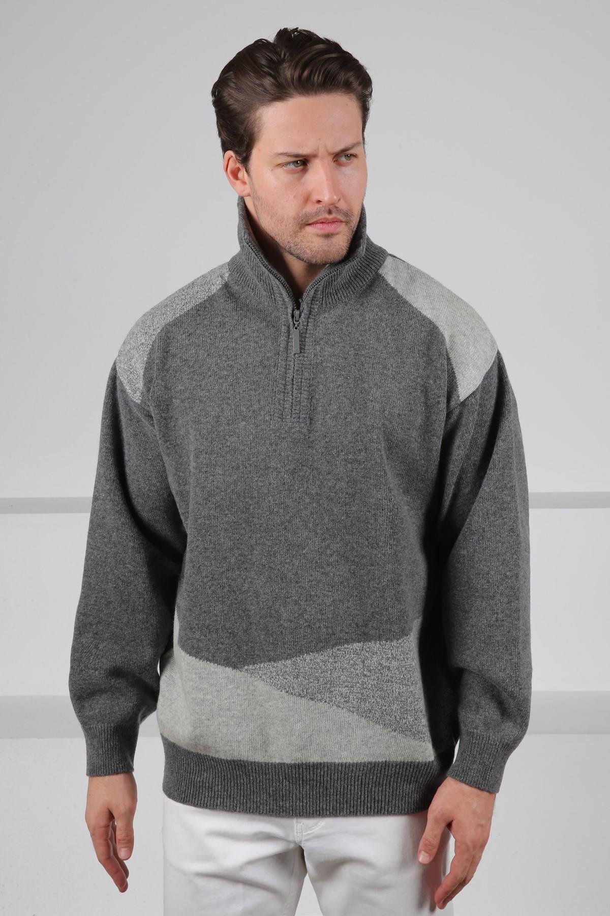 Ferraro Füme Balıkçı Yaka Fermuarlı OmuzLarı Renkli Uzun Kollu %100 Kuzu Yünü Erkek Triko Kazak