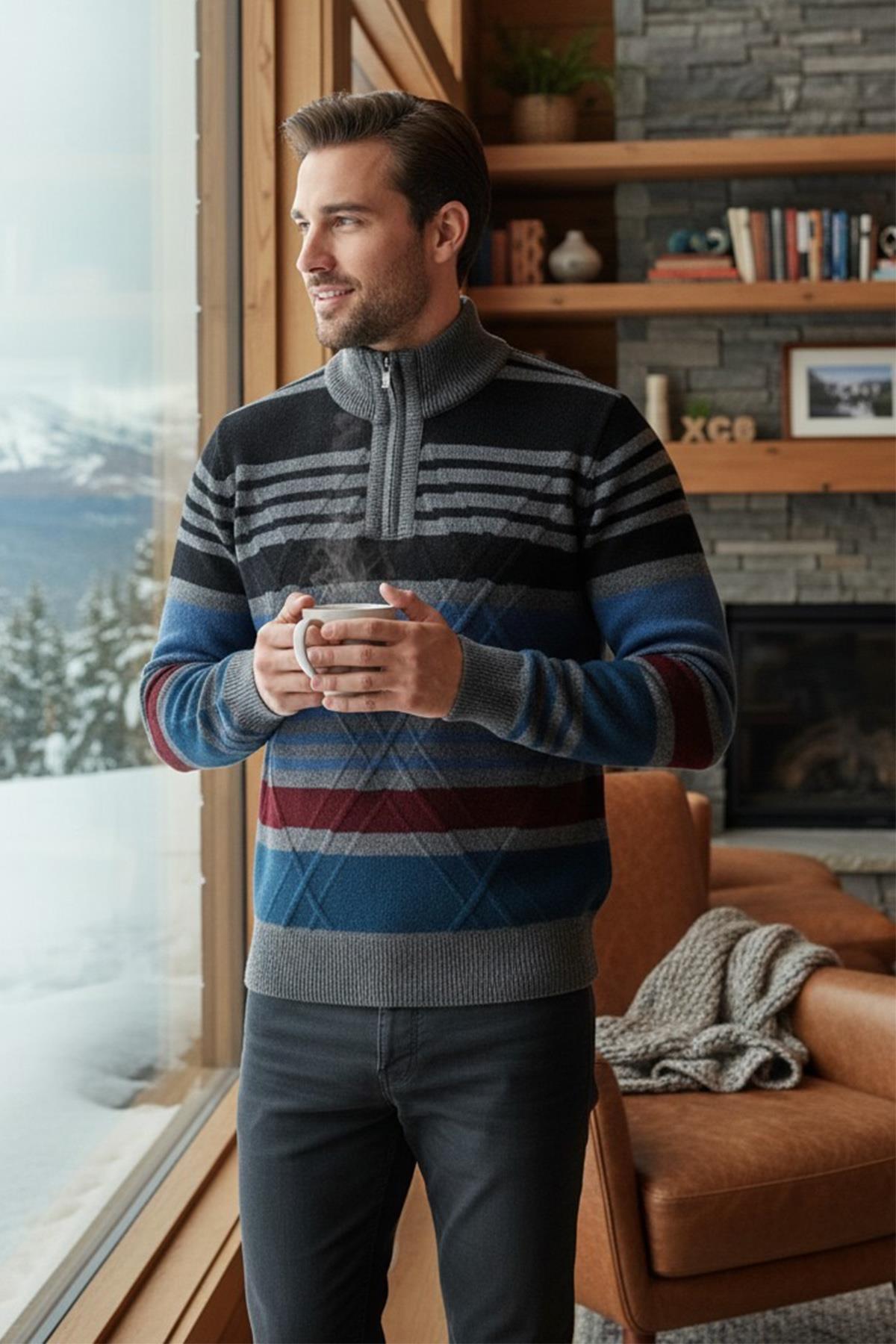 Ferraro Füme Fermuarlı Dik Yaka %100 Kuzu Yünü Erkek Kazak