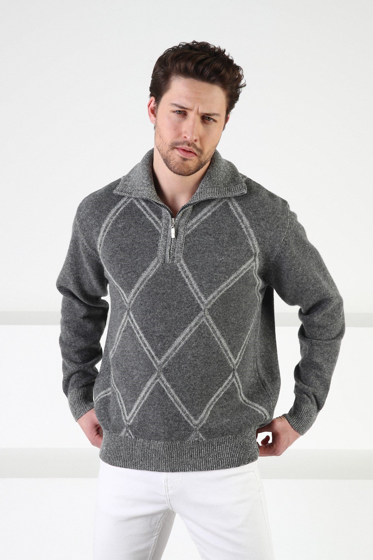 Ferraro Füme Fermuarlı Dik Yaka %100 Kuzu Yünü Erkek Kazak