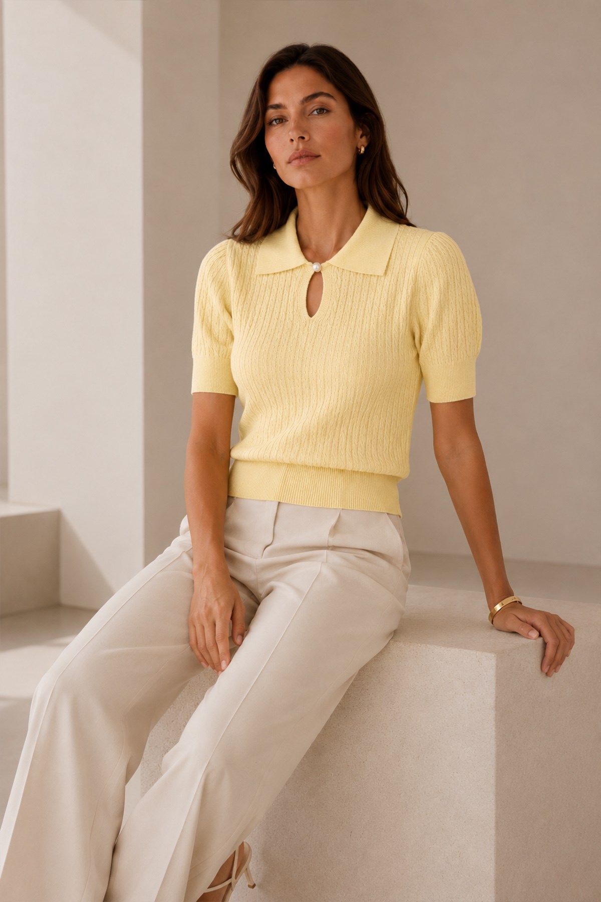 Ferraro Kadın Sarı Polo Yaka Düğmeli Kısa Kollu Viskon Pamuk Triko Bluz