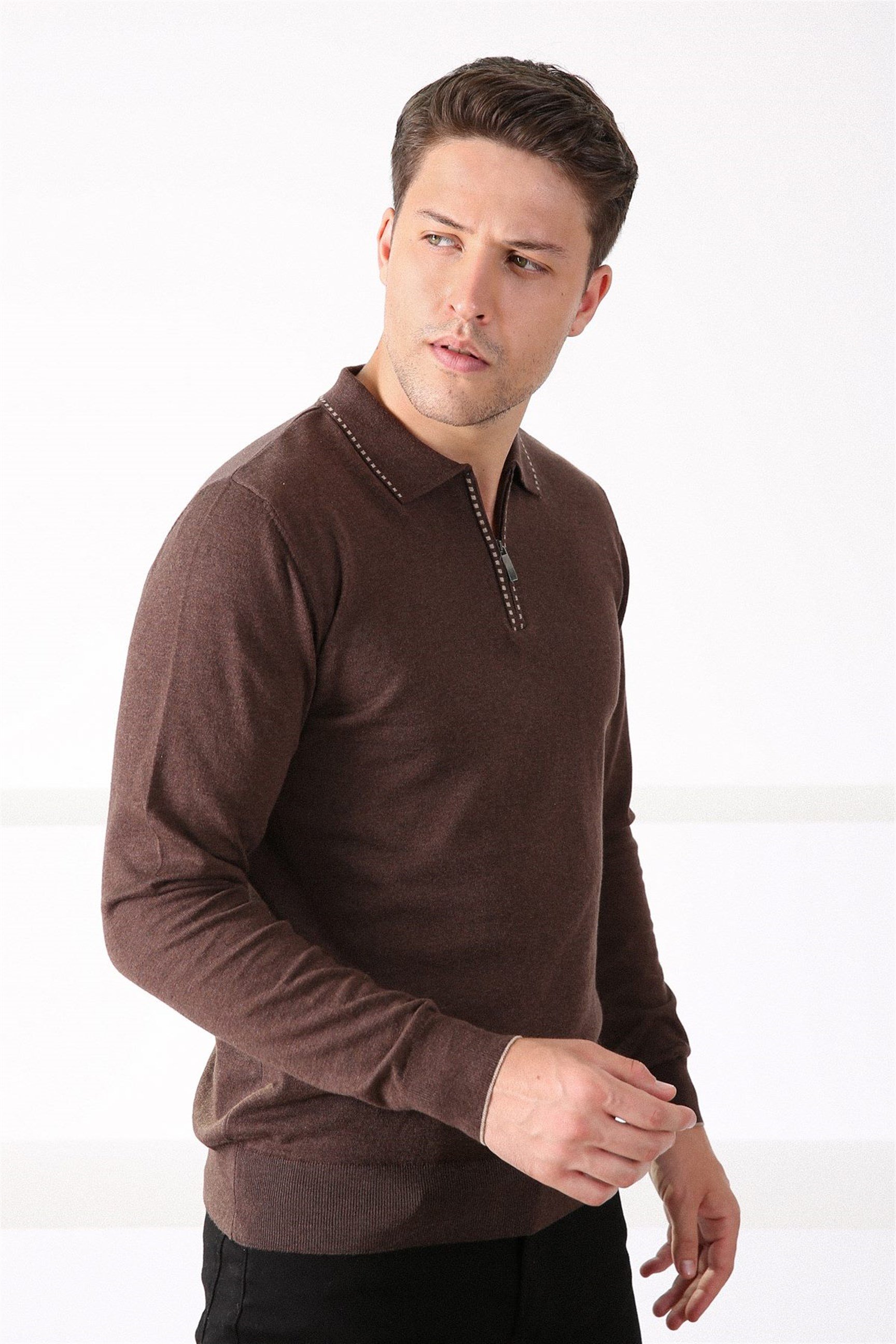 Ferraro Kahve Polo Yaka Fermuarlı Erkek Pamuk Kazak