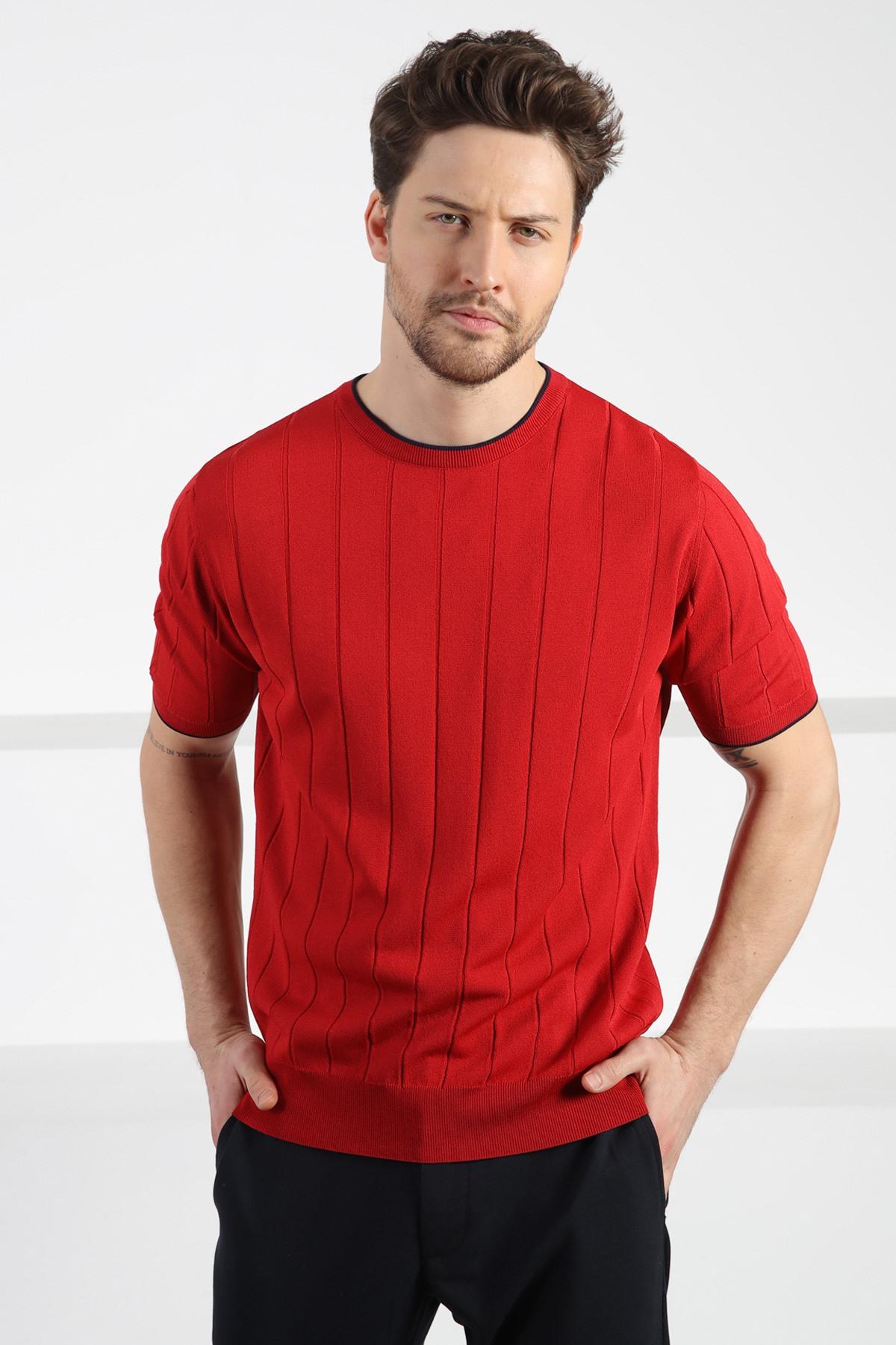 Ferraro Kırmızı Bisiklet Yaka Kısa Kol Erkek Viskon Triko T-Shirt