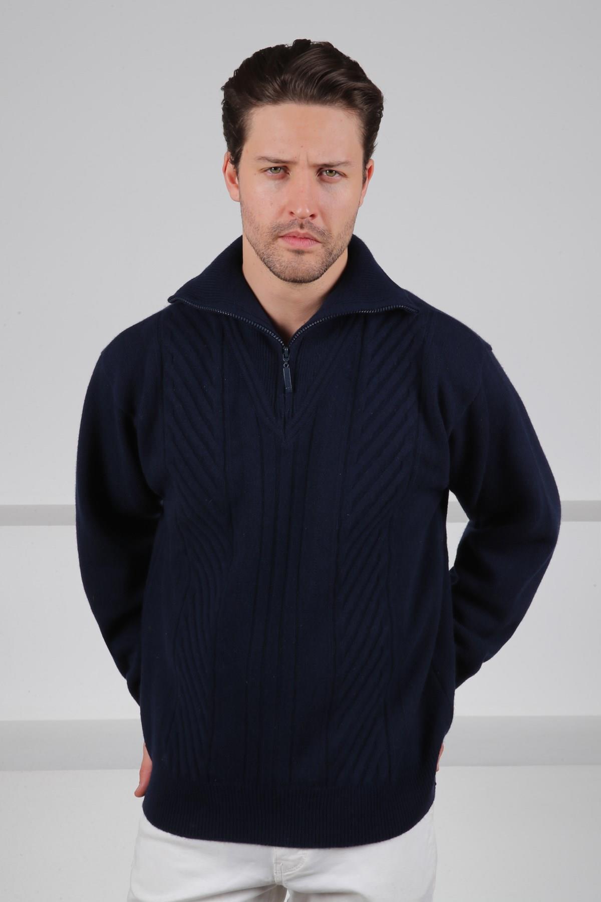 Ferraro Lacivert Balıkçı Yaka Fermuarlı Önü Desenli %100 Kuzu Yünü Erkek Triko Kazak