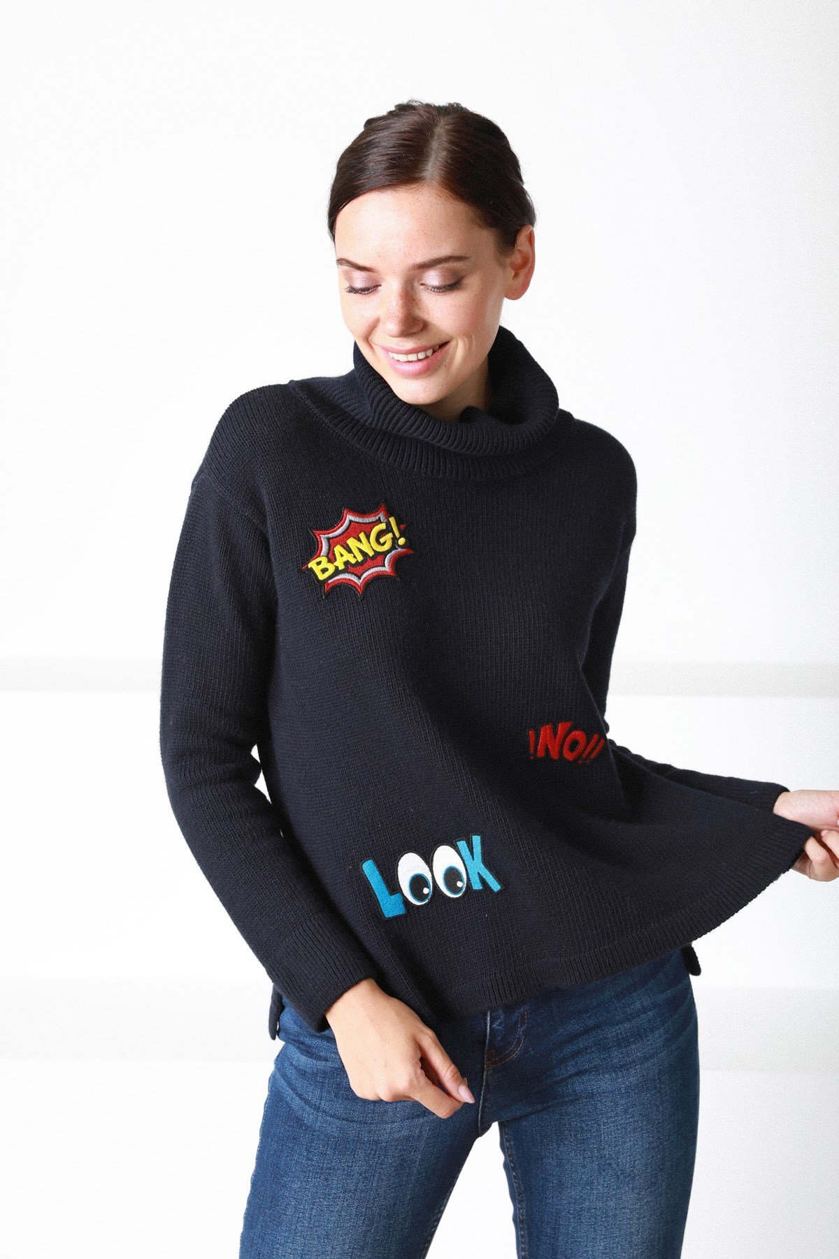 Ferraro Lacivert Balıkçı Yaka Pamuklu Kadın Triko Kazak