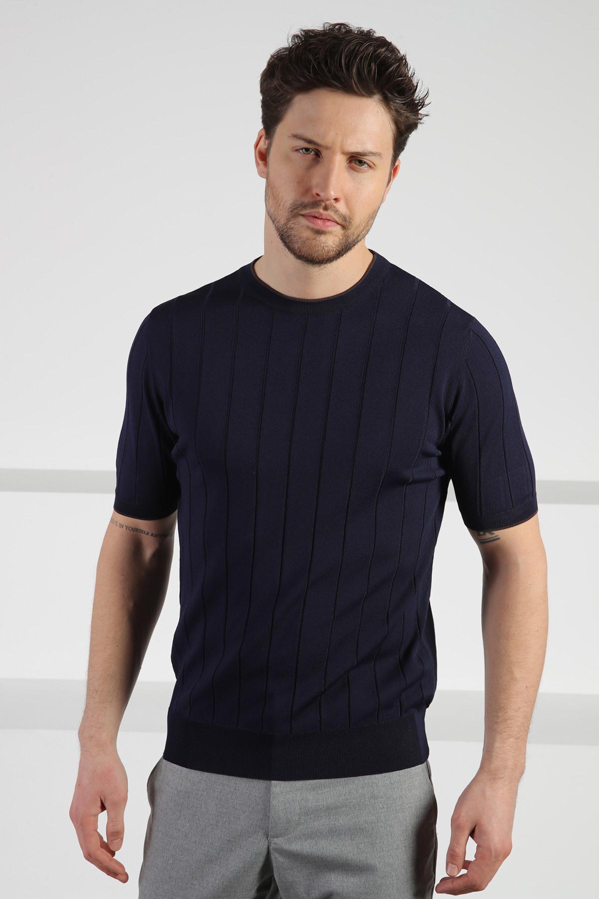Ferraro Lacivert Bisiklet Yaka Kısa Kol Erkek Viskon Triko T-Shirt
