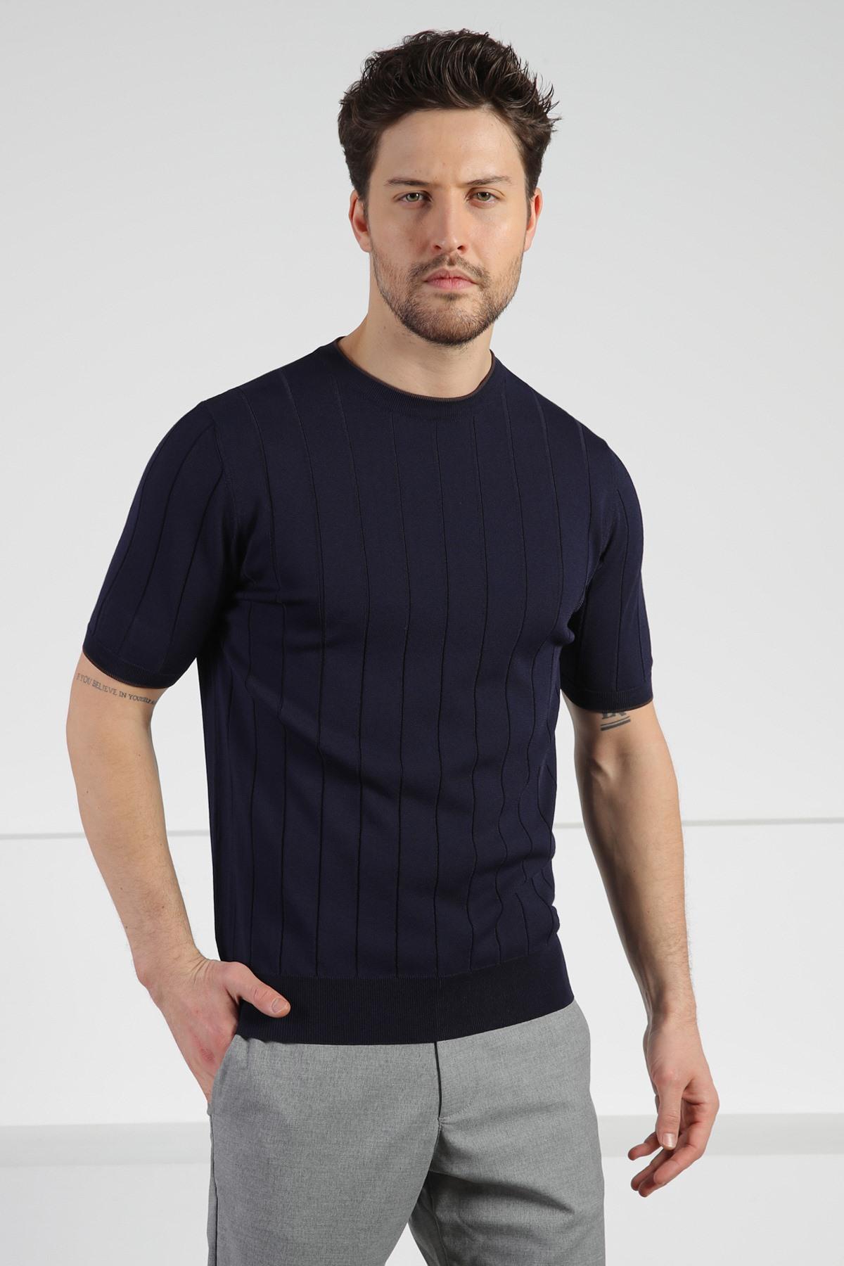 Ferraro Lacivert Bisiklet Yaka Kısa Kol Erkek Viskon Triko T-Shirt