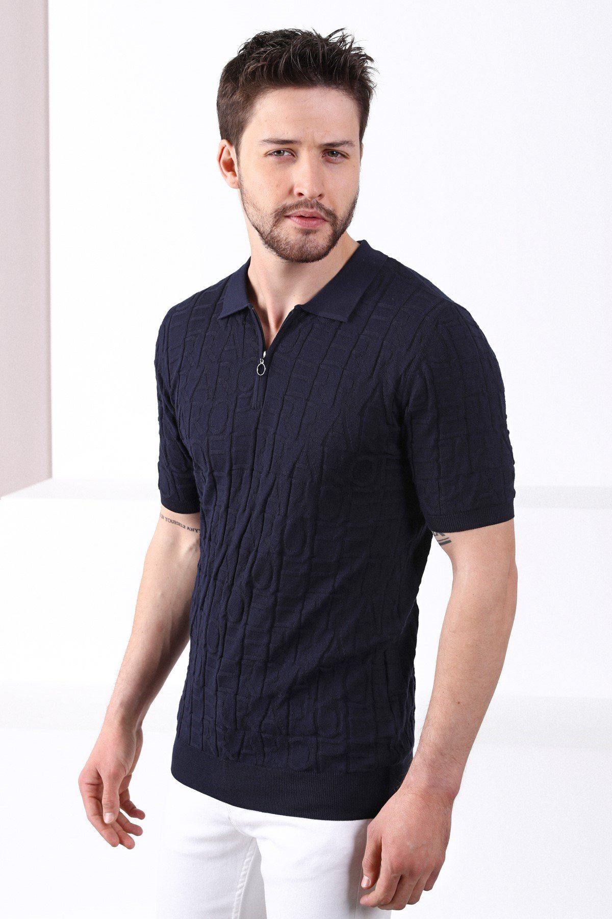 Ferraro Lacivert Polo Yaka Fermuarlı Erkek Pamuk Triko T-Shirt