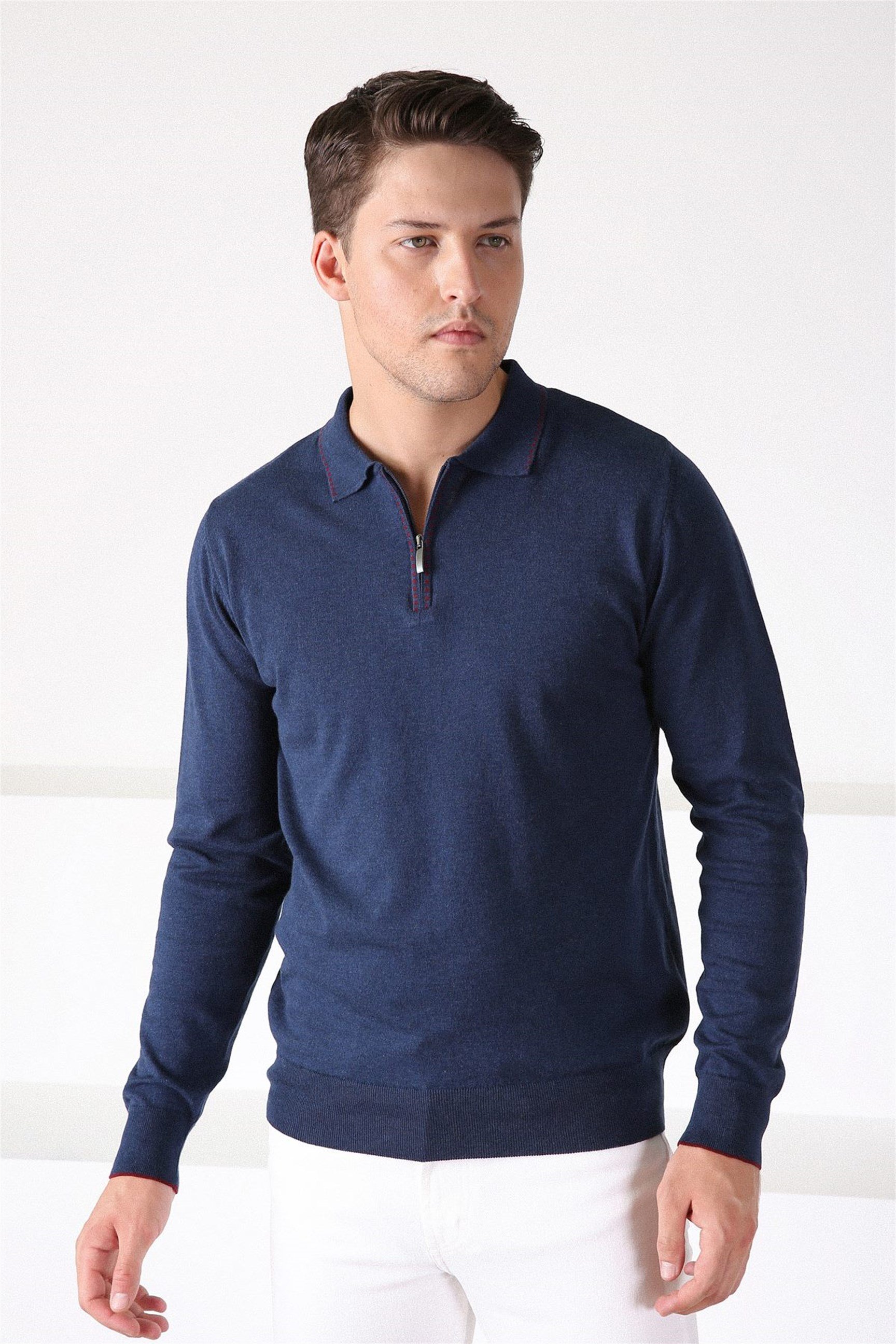 Ferraro Lacivert Polo Yaka Fermuarlı Erkek Pamuk Kazak