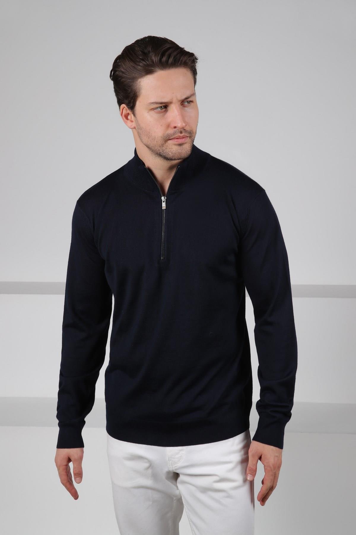 Ferraro Lacivert Yarım Fermuarlı Dik Yaka Uzun Kollu Süperfine Erkek Triko Kazak