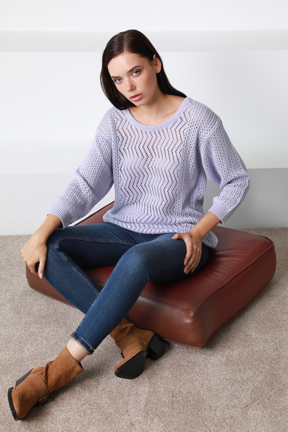 Ferraro Lila O Yaka Ajurlu Yünlü Kadın Triko Kazak